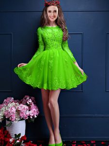 Green A-line Scalloped 3 4 Length Sleeve Chiffon Mini Length Lace Up Beading and Lace and Appliques Quinceanera Court of Honor Dress