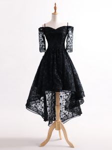 Black Straps Neckline Lace Homecoming Dress Half Sleeves Lace Up