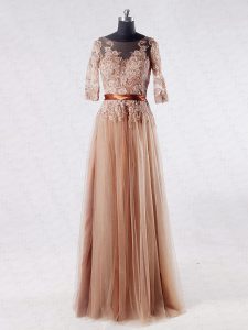 Brown Half Sleeves Floor Length Lace and Appliques Zipper Prom Dress