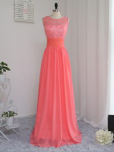 Scoop Sleeveless Quinceanera Court Dresses Floor Length Lace Watermelon Red Chiffon