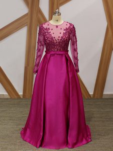 Flirting One Shoulder Long Sleeves Floor Length Beading and Appliques and Belt Fuchsia Elastic Woven Satin