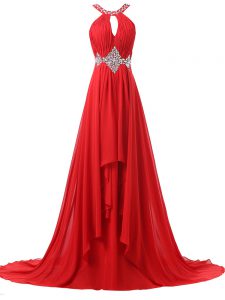 Red Sleeveless Beading and Ruching Lace Up Homecoming Dress