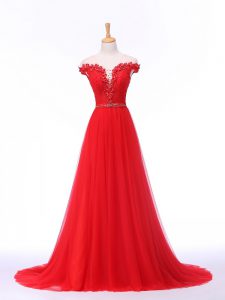 Elegant Red Off The Shoulder Lace Up Lace and Appliques Brush Train Sleeveless