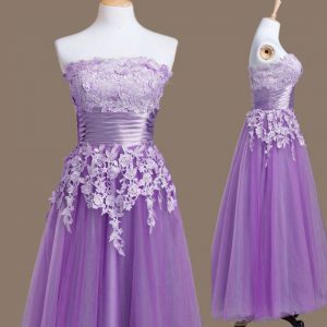 Lavender Tulle Lace Up Strapless Sleeveless Tea Length Damas Dress Appliques
