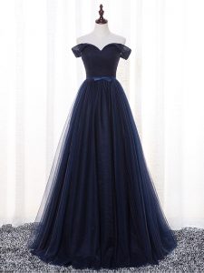 A-line Quinceanera Dama Dress Navy Blue Off The Shoulder Tulle Sleeveless Floor Length Lace Up
