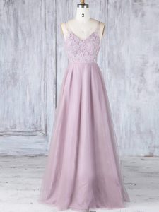Fine Sleeveless Tulle Floor Length Clasp Handle Court Dresses for Sweet 16 in Pink with Lace