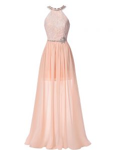 Sleeveless Chiffon Floor Length Backless Prom Evening Gown in Peach with Beading