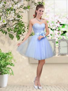 Tulle Sweetheart Sleeveless Lace Up Lace and Belt Dama Dress for Quinceanera in Lavender