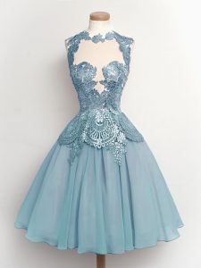 High-neck Sleeveless Dama Dress for Quinceanera Knee Length Lace Light Blue Chiffon