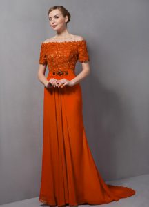 Fabulous Orange Prom Gown Off The Shoulder Short Sleeves Sweep Train Zipper
