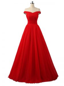 Custom Designed Floor Length Red Prom Party Dress Off The Shoulder Sleeveless Lace Up