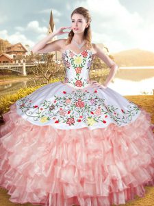 Stylish Peach Ball Gowns Sweetheart Sleeveless Organza and Taffeta Floor Length Lace Up Embroidery and Ruffled Layers 15 Quinceanera Dress