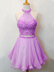 Fine Halter Top Sleeveless Organza Dama Dress for Quinceanera Beading Lace Up