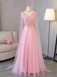 Long Sleeves Lace Up Floor Length Beading Prom Dress