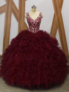 Elegant Floor Length Burgundy Quinceanera Dresses Organza Sleeveless Beading and Ruffles