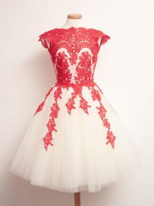 Delicate Mini Length A-line Sleeveless White And Red Quinceanera Dama Dress Lace Up