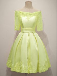 A-line Quinceanera Court of Honor Dress Yellow Off The Shoulder Taffeta Half Sleeves Knee Length Lace Up