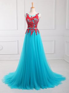 Aqua Blue Empire Scoop Sleeveless Tulle Brush Train Zipper Lace and Appliques Prom Dress