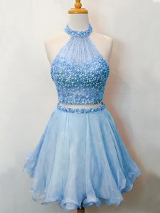 Eye-catching Blue Sleeveless Knee Length Beading Lace Up Dama Dress for Quinceanera