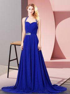 Inexpensive Zipper Evening Dress Royal Blue for Prom and Party and Military Ball with Beading and Ruching