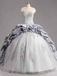 Pretty Sweetheart Sleeveless Quinceanera Gowns Brush Train Beading and Appliques and Pick Ups Silver Taffeta and Tulle