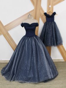 Elegant Tulle Off The Shoulder Sleeveless Brush Train Lace Up Ruching Dress for Prom in Navy Blue