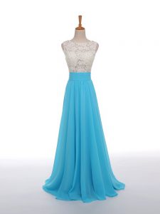 Baby Blue Sleeveless Floor Length Lace and Appliques Side Zipper Prom Gown