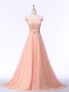 Sleeveless Brush Train Beading and Lace and Belt Lace Up Prom Evening Gown