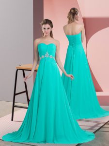 Sleeveless Chiffon Brush Train Lace Up Evening Dress in Turquoise with Beading
