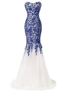 Blue And White Sleeveless Lace and Appliques Lace Up Prom Evening Gown