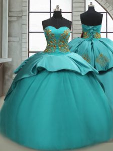Amazing Turquoise Satin Lace Up Sweetheart Sleeveless Quinceanera Gowns Sweep Train Beading and Appliques