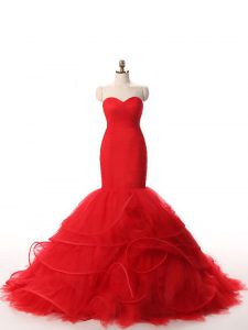 Dynamic Red Zipper Sweetheart Ruffles Dress for Prom Tulle Sleeveless Brush Train