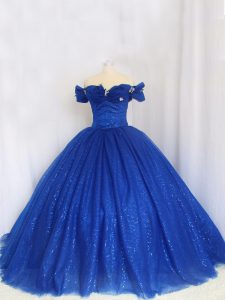 Off The Shoulder Cap Sleeves Sweet 16 Dresses Floor Length Hand Made Flower Royal Blue Tulle