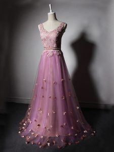 Eye-catching Sweep Train A-line Homecoming Dress Lilac V-neck Tulle Sleeveless Lace Up