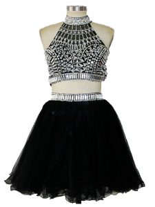 Black Tulle Criss Cross Halter Top Sleeveless Mini Length Evening Dress Beading