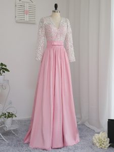 Baby Pink Chiffon Zipper V-neck Long Sleeves Floor Length Prom Evening Gown Beading