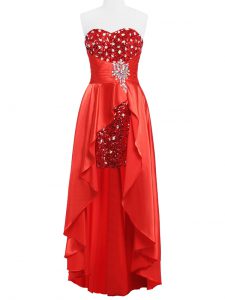 Superior Coral Red Empire Beading and Ruching Prom Dress Zipper Elastic Woven Satin Sleeveless Floor Length