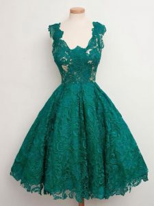 Sumptuous Dark Green Sleeveless Lace Knee Length Quinceanera Court Dresses