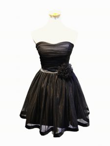 Black Sleeveless Ruching and Bowknot and Hand Made Flower Mini Length
