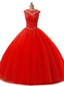Floor Length Lace Up Quince Ball Gowns Red for Military Ball and Sweet 16 and Quinceanera with Beading and Lace