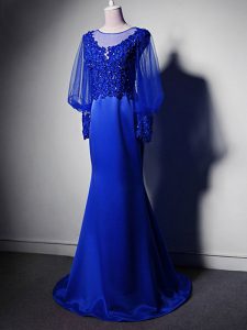 Comfortable Royal Blue Clasp Handle Scoop Beading and Lace and Appliques Prom Dresses Elastic Woven Satin Long Sleeves Brush Train