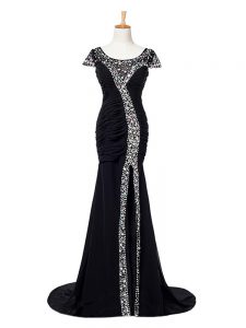 Zipper Evening Dress Black for Prom and Military Ball and Sweet 16 with Beading and Ruching Brush Train