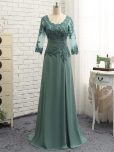 Top Selling Floor Length Green Prom Party Dress Chiffon Long Sleeves Beading and Lace and Appliques