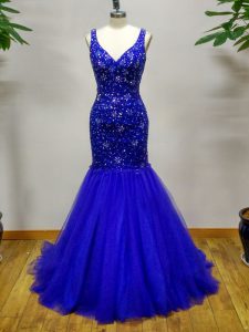 Exquisite Royal Blue Prom Gown For with Beading Straps Sleeveless Brush Train Criss Cross