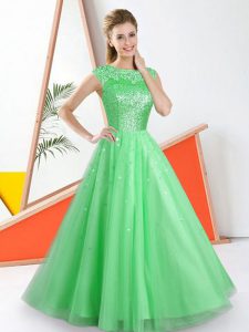 Superior Sleeveless Floor Length Beading and Lace Backless Dama Dress with Green