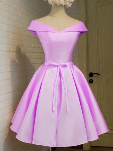 High Class Lilac Taffeta Lace Up Quinceanera Court Dresses Cap Sleeves Knee Length Belt