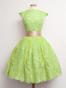 Hot Sale Lace High-neck Cap Sleeves Lace Up Belt Damas Dress in Yellow Green