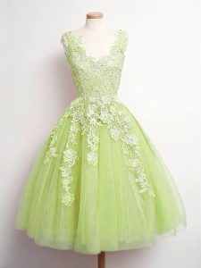 Cute Yellow Green Tulle Lace Up V-neck Sleeveless Knee Length Dama Dress Lace