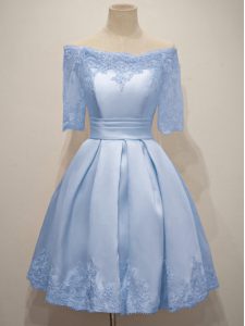 Off The Shoulder Half Sleeves Quinceanera Court of Honor Dress Knee Length Lace Light Blue Taffeta