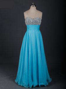 Sleeveless Chiffon Floor Length Lace Up Dress for Prom in Baby Blue with Beading